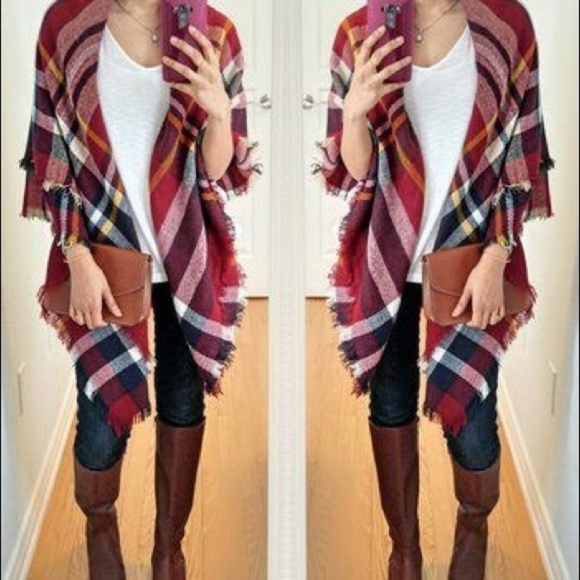 Red, blue & black flannel oversized blanket scarf - Picture 1 of 6